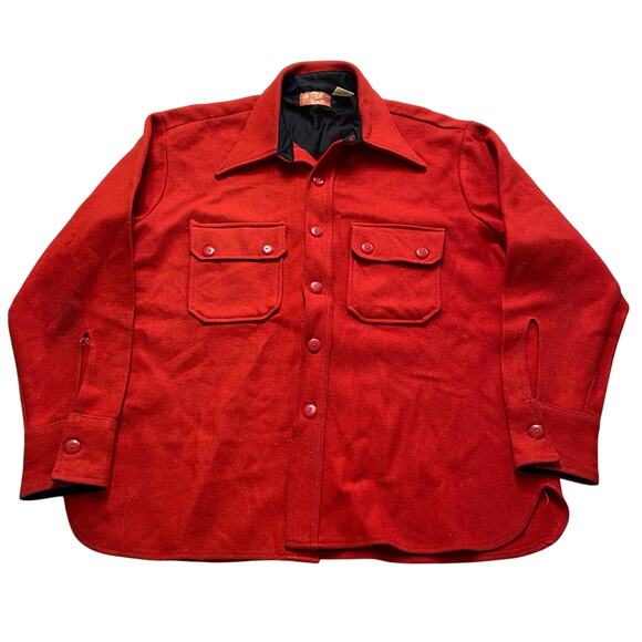 Vintage 70s Sears Kings Road Red Wool Blend Button Up Flannel Shacket Jacket XL - Picture 1 of 7